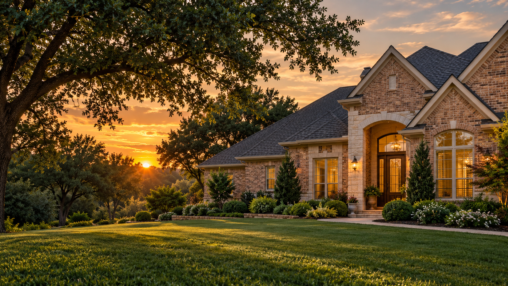 Illustrative North Texas home with oak trees at sunset